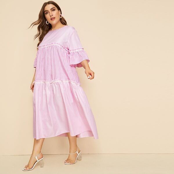 

Plus Contrast Gingham Flounce Sleeve Dress