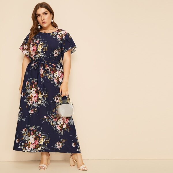 

Plus Floral Print Petal Sleeve Belted Maxi Dress, Navy blue