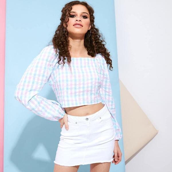 

Pastel Gingham Check Square Neck Blouse