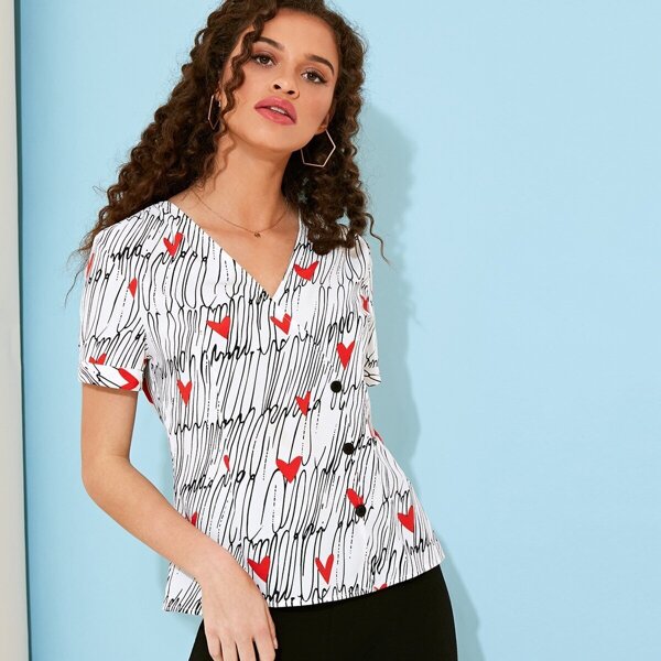 

Abstract Print Button Wrap Blouse, White