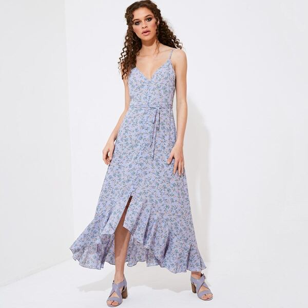 

Ruffle Hem Floral Button Slip Dress, Purple