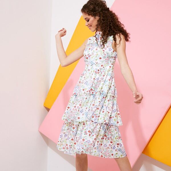 

Mock-neck Ditsy Floral Layered Ruffle Hem Dress, Multicolor