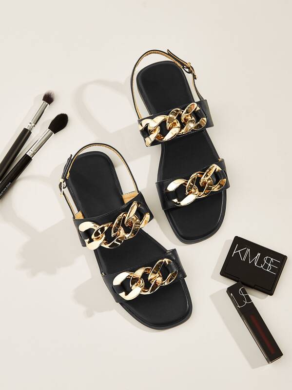 

Chain Decor Open Toe Slingback Sandals, Black