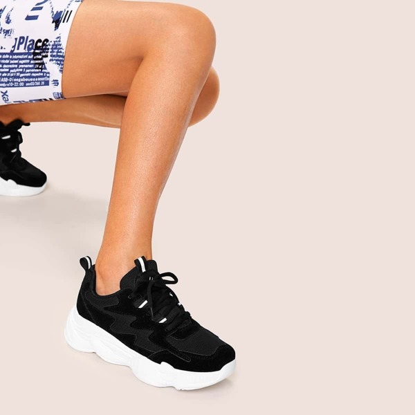 

Lace-up Mesh Chunky Sneakers, Black