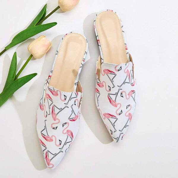 

Random Flamingo Pattern Point Toe Flat Mules