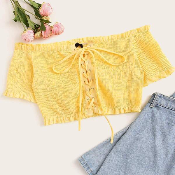 

Lace Up Frill Trim Shirred Crop Top, Yellow pastel