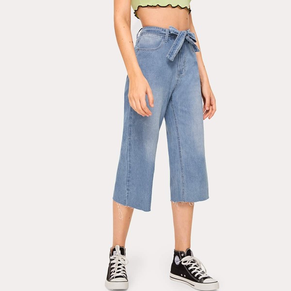 

Button Waist Wide Leg Belted Jeans, Blue