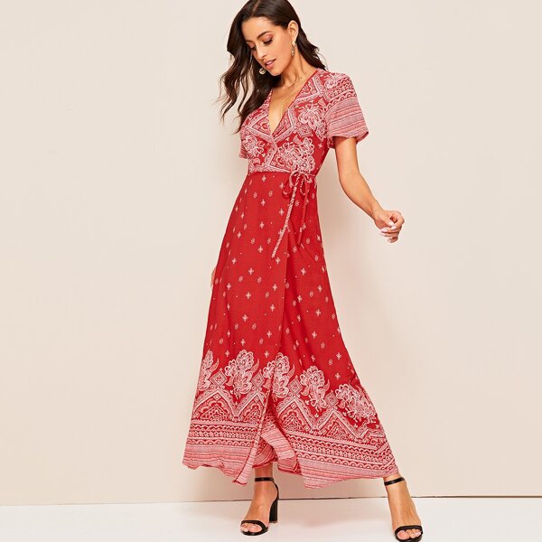 

Tribal Print Tie Side Wrap Dress