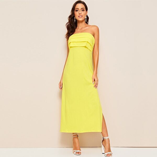 

Neon Yellow Layered Foldover Split Tube Dress