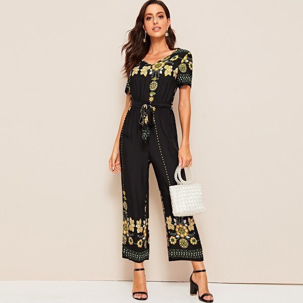 

Double V Neck Floral Belted Jumpsuit, Black