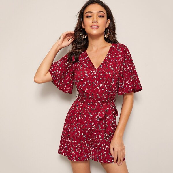 

Ditsy Floral Flutter Sleeve Self Belted Romper