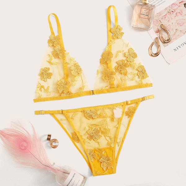 

Neon Yellow Floral Lace Sheer Lingerie Set, Yellow bright