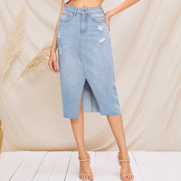 

Ripped Detail Bleach Wash Split Denim Skirt