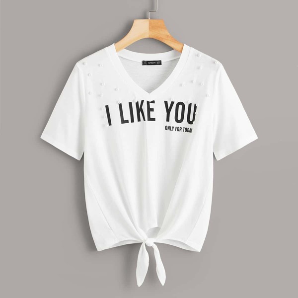 

Slogan Print Knot Hem Tee