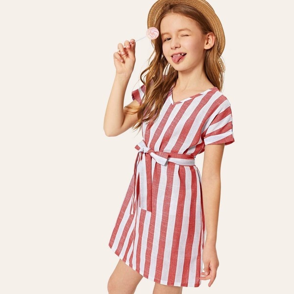 

Girls V Neck Striped Belted Tunic Dress