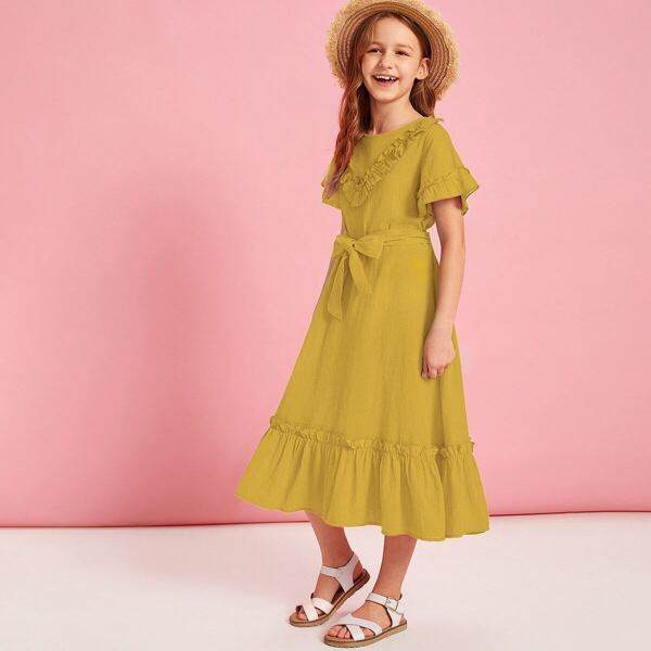 

Girls Ruffle Trim Flippy Hem Belted Dress, Yellow