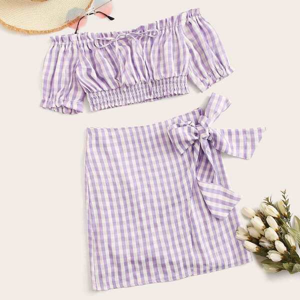 

Striped Off Shoulder Frilled Top & Wrap Knot Skirt Set, Purple pastel