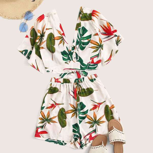 

Tropical Print Double V Neck Top and Shorts Set, Multicolor