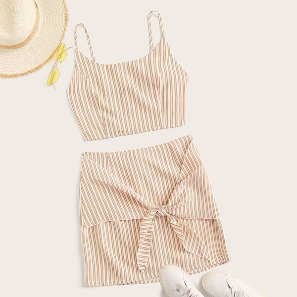 

Shirred Back Striped Cami and Knot Skirt Set, Khaki pastel