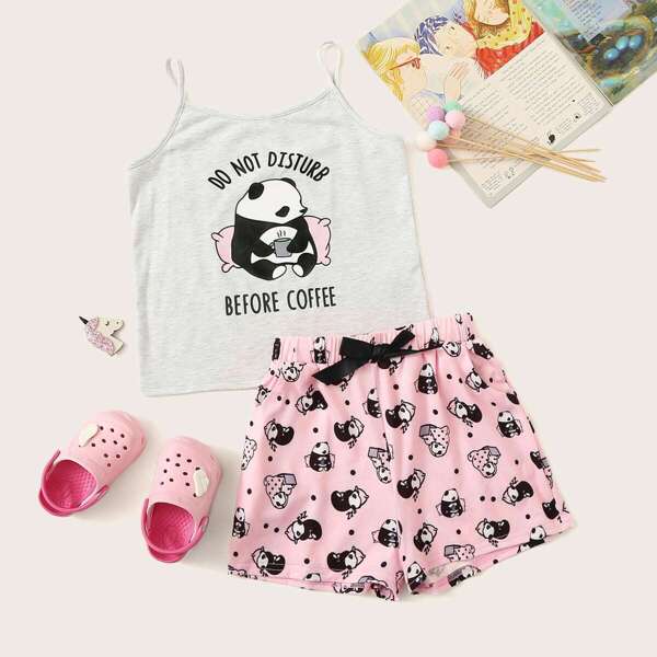 

Girls Cartoon & Letter Print Cami Top & Shorts PJ Set, Multicolor