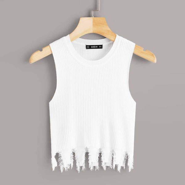 

Ripped Hem Rib-knit Crop Tank Top