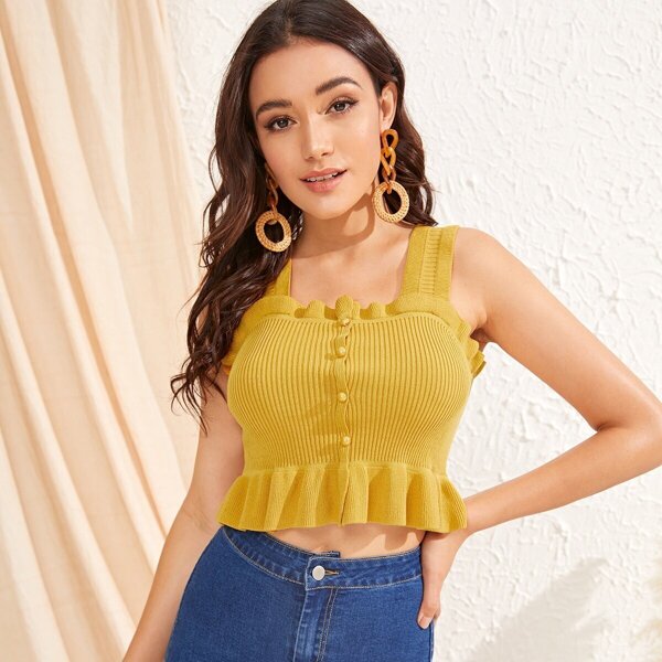 

Frill Trim Button Up Rib-knit Crop Top