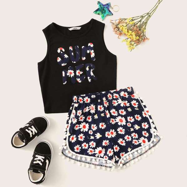 

Girls Letter Print Top & Pompom Trim Daisy Floral Shorts