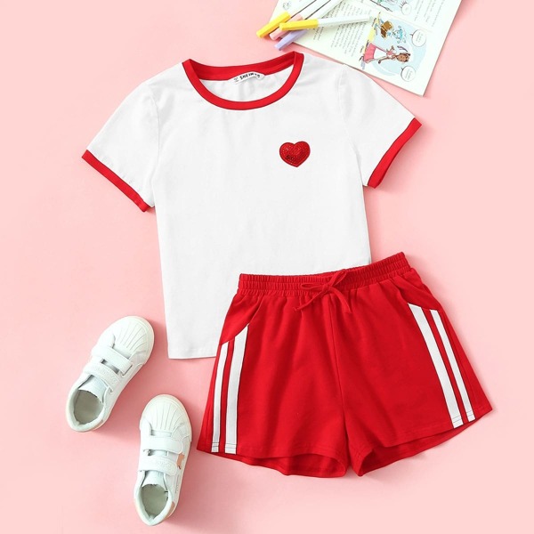 

Girls Sequin Patched Ringer Top & Striped Side Shorts Set, Multicolor