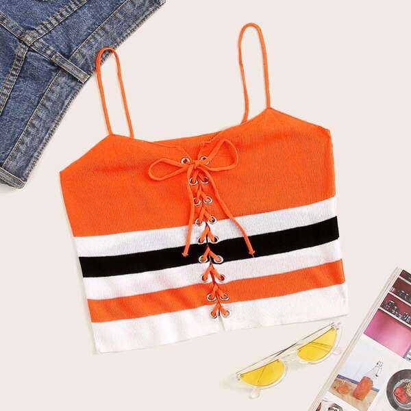

Lace-up Back Striped Rib-knit Cami Top