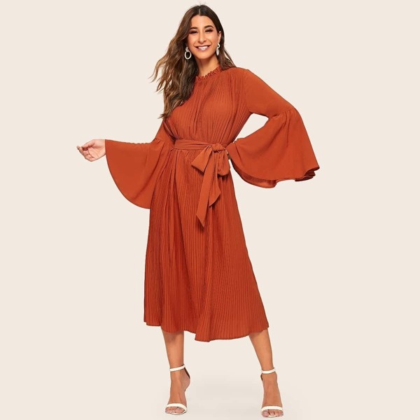

Frilled Neckline Flounce Sleeve Pleated Belted Hijab Dress, Red
