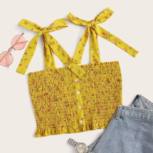 

Ditsy Floral Tie Shoulder Button Front Shirred Top
