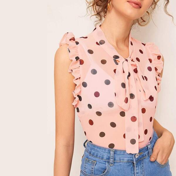 

Tie Neck Ruffle Trim Polka Dot Semi Sheer Top