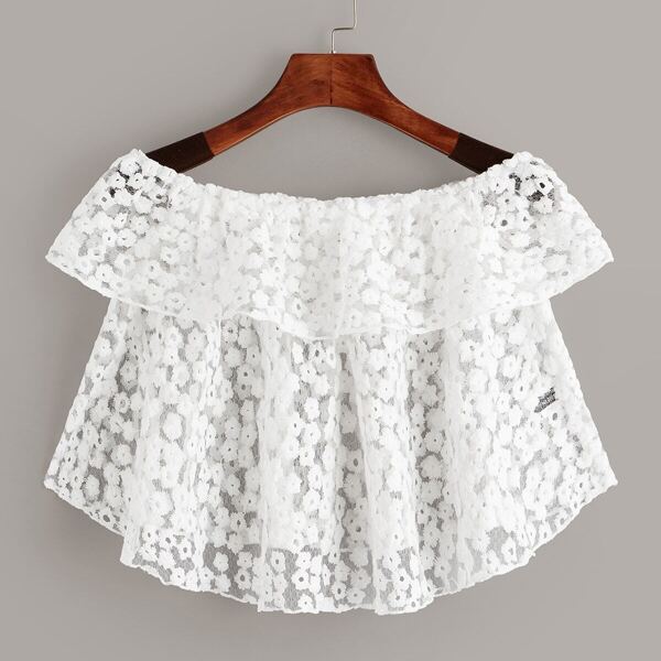 

Off Shoulder Embroidered Mesh Top