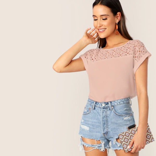 

Guipure Lace Yoke Cuffed Sleeve Top