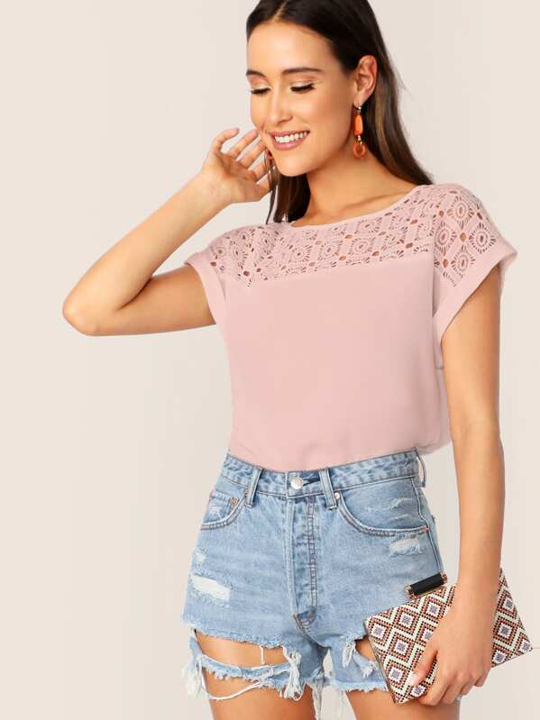 

Guipure Lace Yoke Cuffed Sleeve Top, Pink, Anna Herrin
