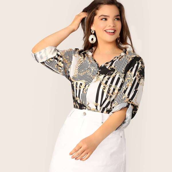 

Plus V-collar Cuffed Sleeve Scroll Print Top
