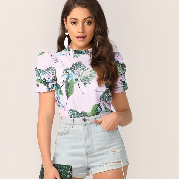 

Frilled Neck Puff Sleeve Tropical Print Top, Multicolor