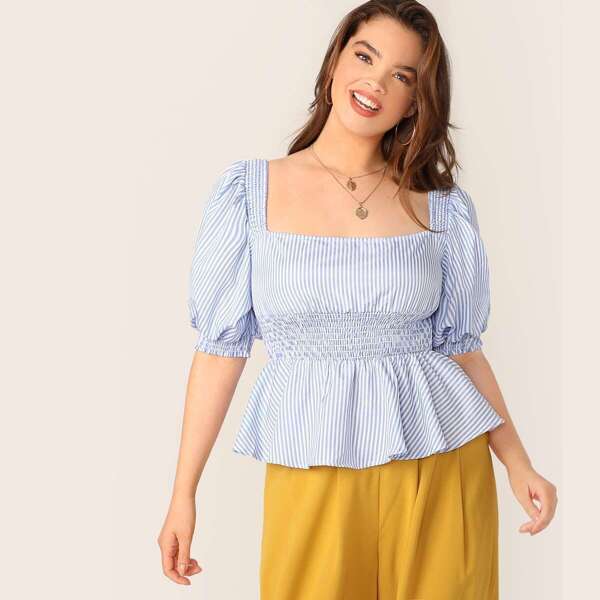 

Plus Striped Shirred Detail Peplum Top, Blue