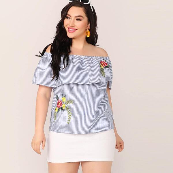 

Plus Off Shoulder Ruffle Foldover Embroidery Striped Top, Blue