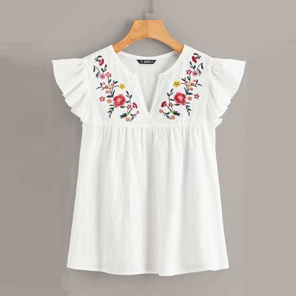 

V-cut Neck Embroidery Print Ruffle Armhole Top