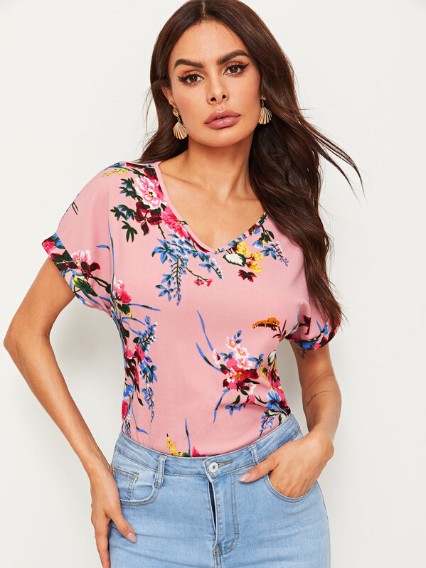 

V Neck Rolled Cuff Floral Print Top, Pink, Andy