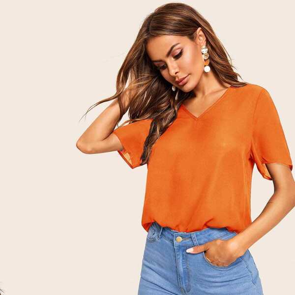 

Neon Orange V-neck Solid Top, Orange bright