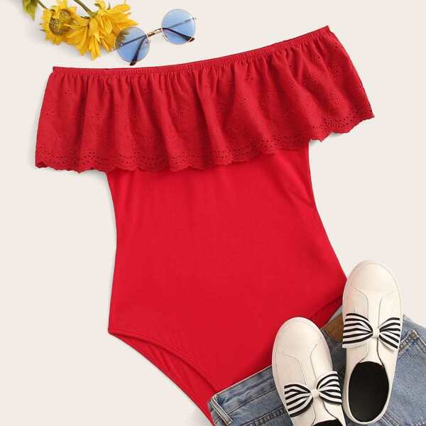 

Off Shoulder Laser Cut Detail Bodysuit, Red