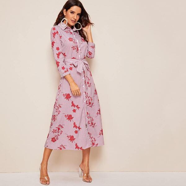 

Striped & Floral Print Belted Shirt Midi Dress