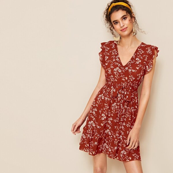 

Ditsy Floral Print Belted Ruffle Hem Dress, Multicolor