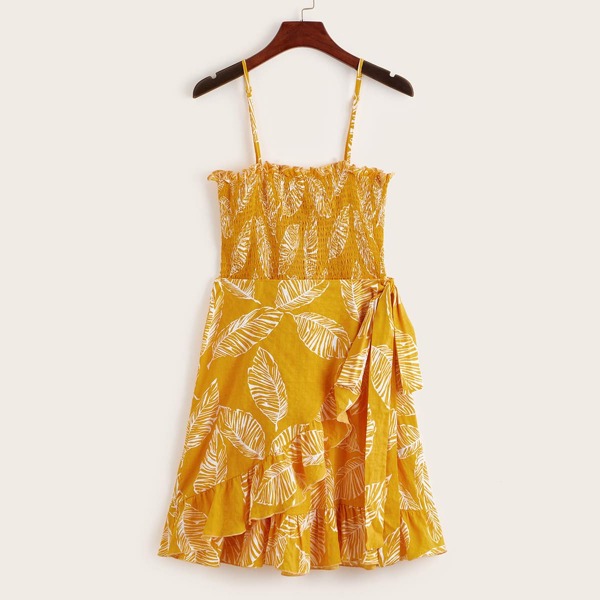 

Shirred Ruffle Hem Self Tie Wrap Slip Dress