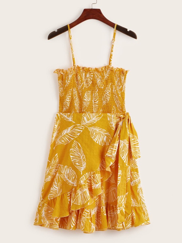 

Smocked Ruffle Hem Self Tie Wrap Slip Dress, Yellow