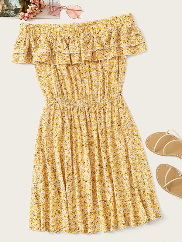 

Ditsy Floral Print Off Shoulder Frill Trim Dress, Yellow