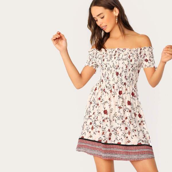 

Mixed Print Shirred Bardot Dress, White