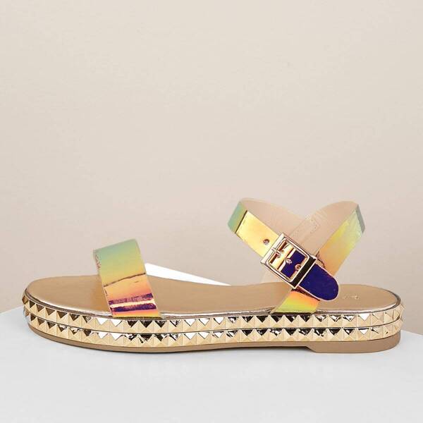 

Iridescent Buckled Ankle Stud Platform Wedges